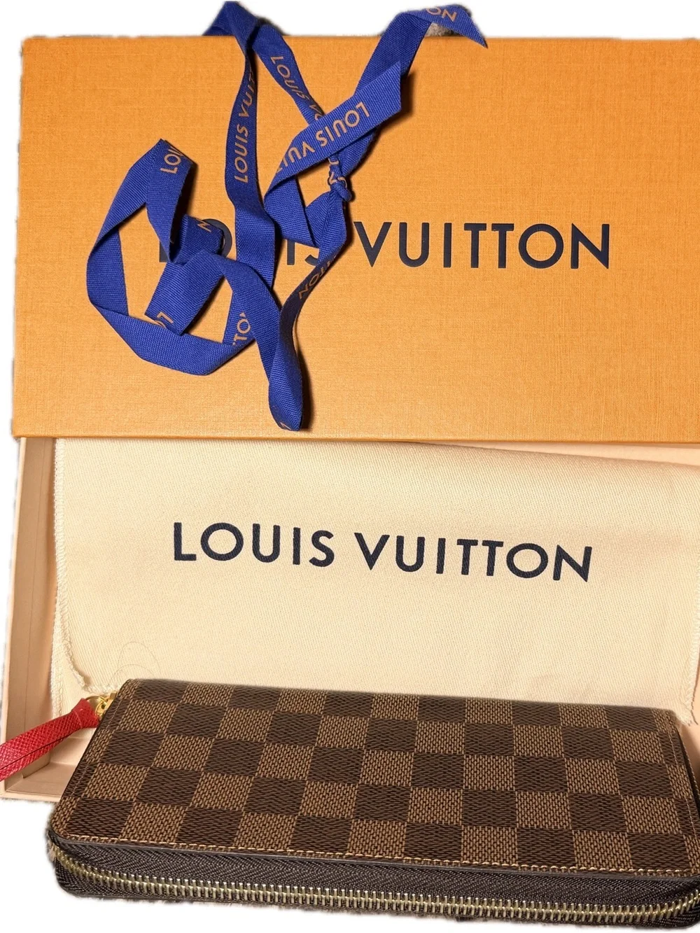 Louis Vuitton Clémence Wallet Damier Ebene Cherry Red Interior w/ Box & Dust Bag